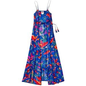 Farm Rio Macaw Print Beaded Cover-Up Maxi Dress Blue Size XS Anthropologie
